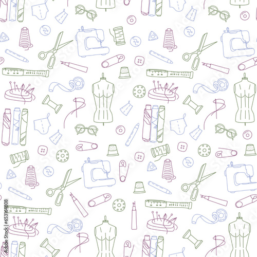 Seamless pattern. sewing concept. doodle style, line. pattern on white background. shows items for sewing and needlework. threads, needles, sewing machine and more. 