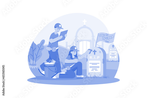 Volunteers assist with cleaning and maintaining gravesites of fallen soldiers.