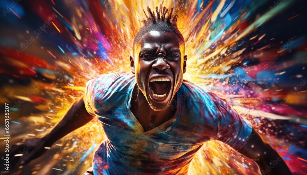 Young african man runs and throws colorful streams of light, expressionistic emotionality, energy of youth, splashes of paint - obrazy, fototapety, plakaty 