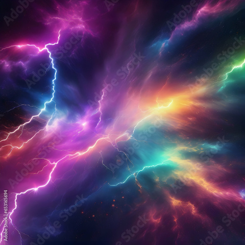 a close-up of a colorful lightning storm with a black background. AI-Generated.