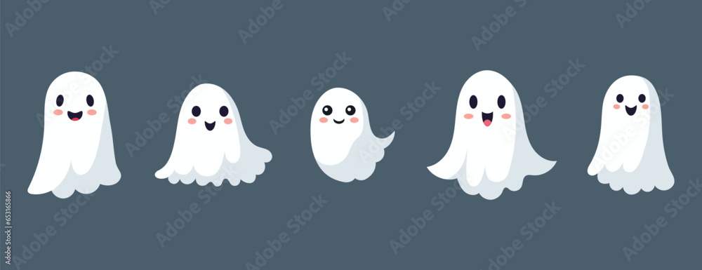 Fototapeta premium Set of ghosts with smiling faces for Halloween. Vector flat style illustration for design poster, banner, print.