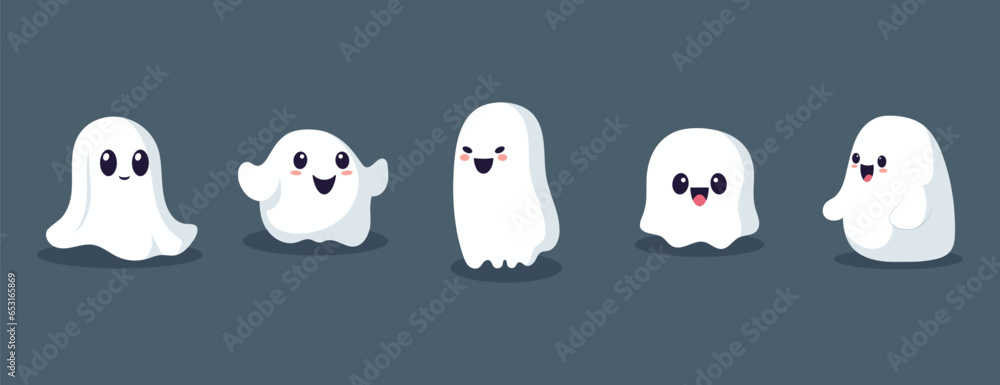 Set of ghosts with smiling faces for Halloween. Vector flat style illustration for design poster, banner, print. Set of ghosts with smiling faces for Halloween. Vector flat style illustration for design poster, banner, print.