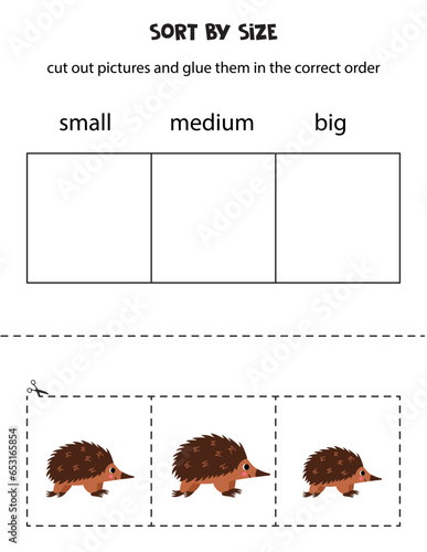 Sort cute echidna by size. Educational worksheet for kids.