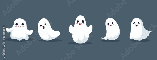 Set of ghosts with smiling faces for Halloween. Vector flat style illustration for design poster, banner, print.