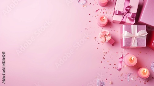 flat lays of gifts, candles, confetti on pink copy space background 