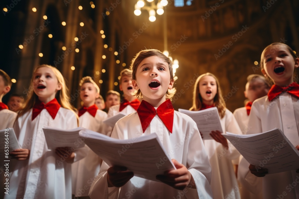 childrens Christmas choir in the church sings Christmas carols - obrazy, fototapety, plakaty 