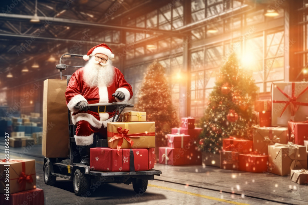 Christmas gift delivery santa clause in warehouse - obrazy, fototapety, plakaty 