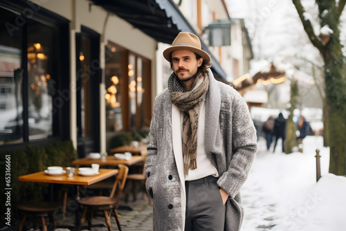 stylish attractive young smiling man walking on the street in winter with coffee with plaid jacket, white knitted hat and scarf, cheerful mood, fashion trend