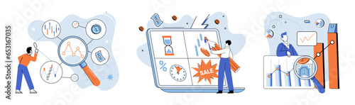 Promotion discount sale. Vector illustration. Sales index, report card of product performance Forecast of future sales, telescope that gazes into financial future Flash sale online, sudden whirlwind