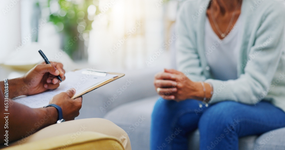 Woman, hands or consulting a therapist writing on clipboard notes for healthcare service of cancer therapy. Closeup, psychology help or patient talking in counseling with paperwork report documents - obrazy, fototapety, plakaty 
