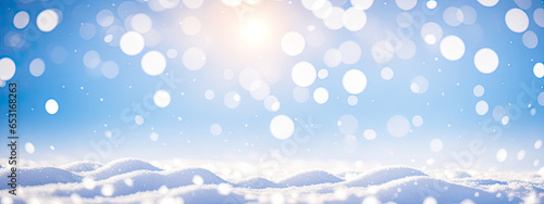 Christmas Winter banner background. Winter snow background with snowdrifts, with beautiful light and snow flakes on the blue sky, beautiful bokeh circles, copy space. Generative AI