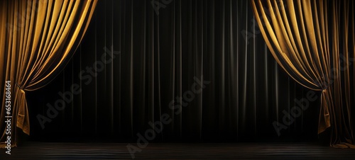 Empty 3d room background illustration - Theater stage with black gold velvet curtains
