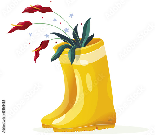Illustration d'un bouquet de fleurs d'anthuriums rouges dans des bottes de pluie jaunes en caoutchouc, vecteur isolé pour des articles sur les producteurs,fleuristes ou la météo du printemps