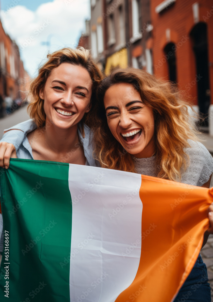 Fototapeta premium Two irish cheerful woman friends holding a Ireland flag on dublin city street