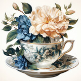 Watercolor teacup with flowers Illustration, Generative Ai