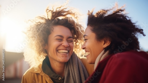 Two interracial best friends laughing and having a good time together in morning sun light