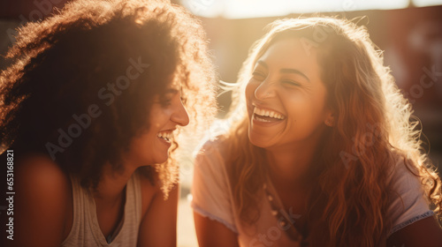 Two interracial best friends laughing and having a good time together in morning sun light