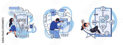 Application testing metaphor. Vector illustration. App test, arenwhere apps mettle is truly tested Software testing, watchmthat keeps lookout for code anomalies Application testing, quality assurance