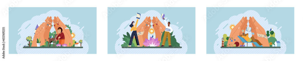 Wellbeing metaphor. Vector illustration. Wellbeing at work, elixir for high performance Support of professional growth, ladder to professional fulfillment Support insurance, umbrellthat shields Wellbeing metaphor. Vector illustration. Wellbeing at work, elixir for high performance Support of professional growth, ladder to professional fulfillment Support insurance, umbrellthat shields