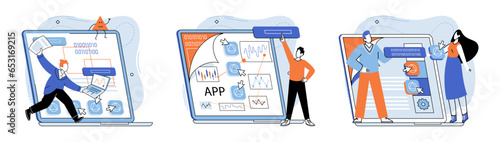 Application testing metaphor. Vector illustration. App test, rehearsal stage before actual performance Software testing, gatekeeper ensuring no bugs pass quality threshold Application testing