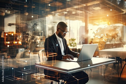 Side view of African American businessman using laptop in modern office with double exposure of network interface. Toned image, Double exposure of businessman working on laptop , AI Generated