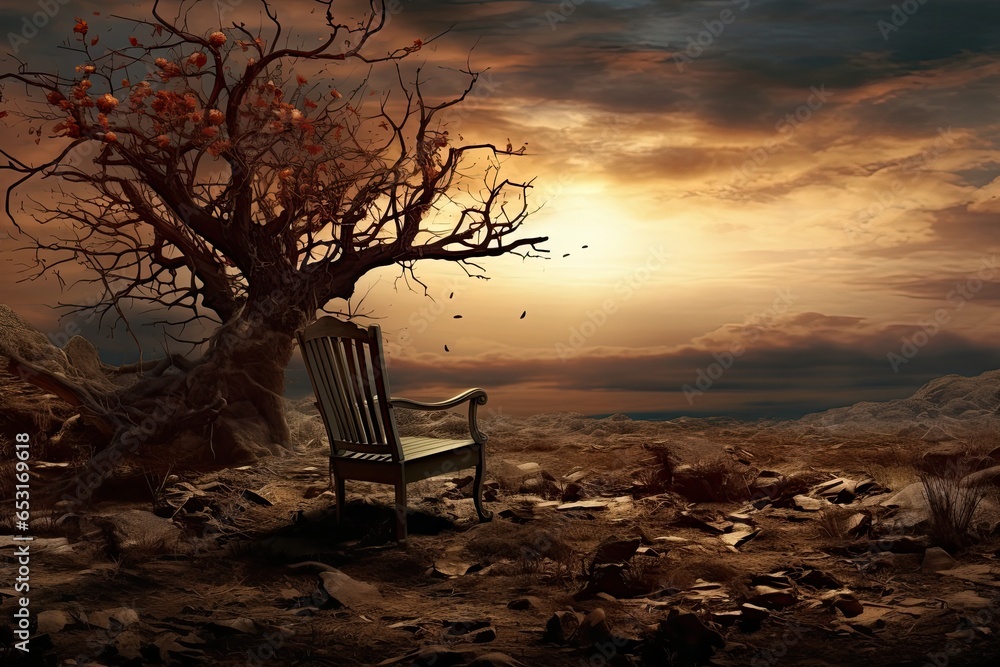 Autumn landscape with a lonely chair and a tree. 3d render, end of the life, AI Generated