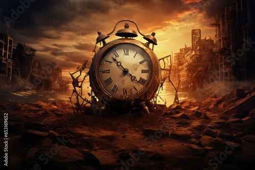 Time is running out of time. Abandoned city at sunset, end of time, AI Generated