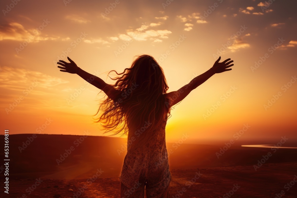 Silhouette of a woman with open arms on a sunset background, Excited girl standing and celebrating success on a sunset background, Full rear view, high hands over head, AI Generated