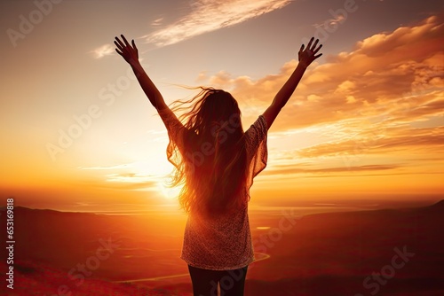 Silhouette of happy woman with raised hands over sunset sky background, Excited girl standing and celebrating success on a sunset background, Full rear view, high hands over head, AI Generated photo