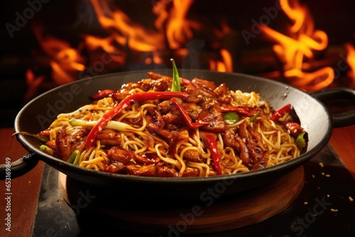 Chinese cuisine. Stir-fried noodles with meat and vegetables in a wok, Experience a flaming spice sensation with sizzling stir-fried noodles, engulfed in fiery flames for mouthwatering, AI Generated