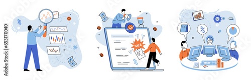 Promotion discount sale. Vector illustration. Flash sale online, sudden downpour in desert of regular prices Sales index, measuring scale of market dynamics Forecast of future sales, beacon of light