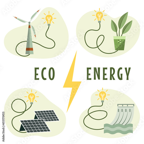 A set of vector illustrations depicting green energy sources. Concept of environmental protection, renewable energy sources. Background images for poster, banner, cover.