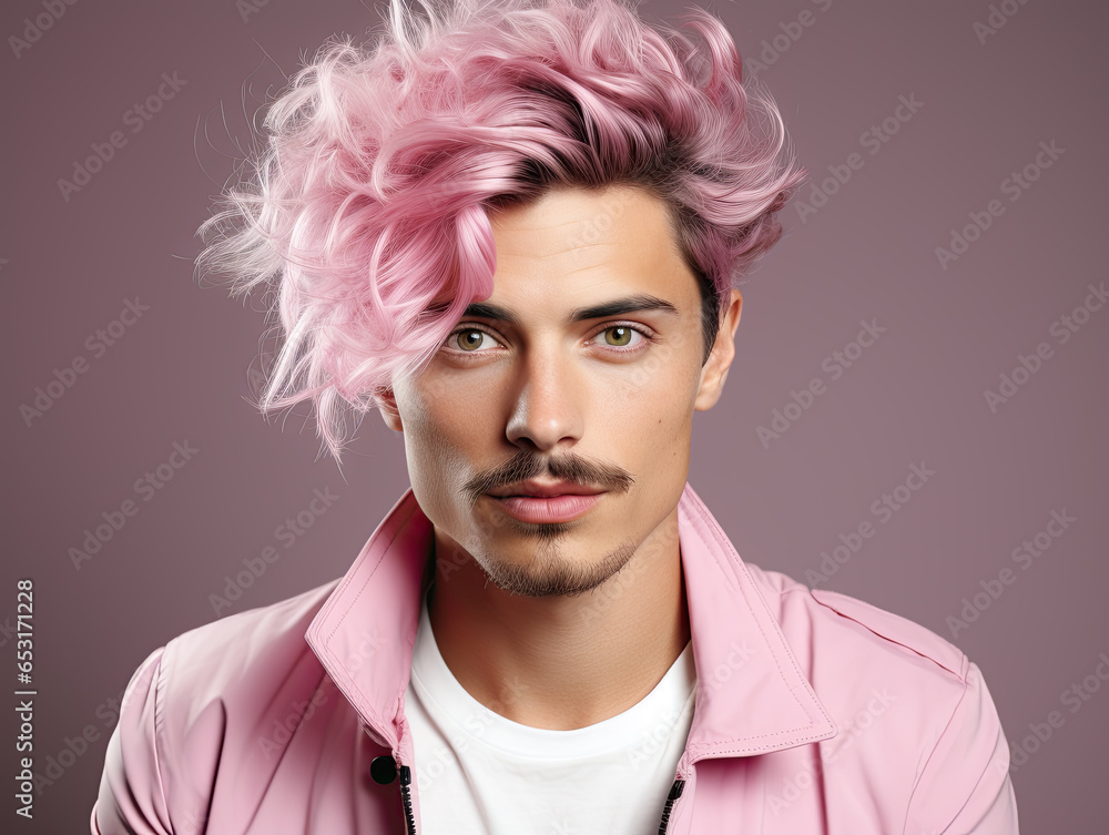 Studio lighting, pastel colors, clean design - a beautiful e-commerce photograph of a white model man pop star with perfect hairstyle using new modern gel on a flat background. Studio lighting, pastel colors, clean design - a beautiful e-commerce photograph of a white model man pop star with perfect hairstyle using new modern gel on a flat background.