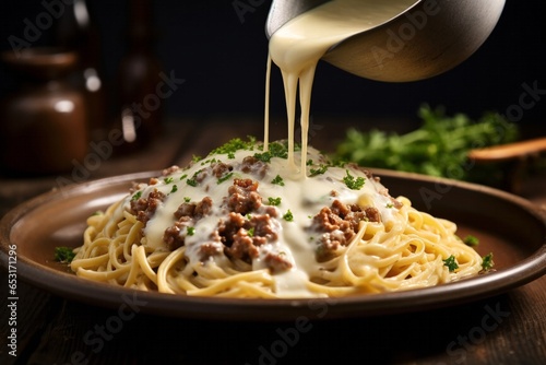 Pouring cheese sauce and spaghetti with meat. AI generated photo