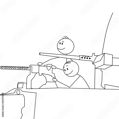 Cartoon stick man drawing conceptual illustration of two humans on a battle tank about to enjoy fighting, killing and destruction. Business concept of war as a game.