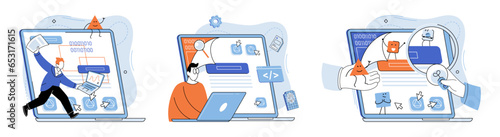 Application testing metaphor. Vector illustration. Software testing, defensive line safeguarding from unexpected breakdowns Application testing, crucible where coding errors are uncovered