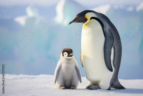 Emperor Penguin Mom With Her Baby Chick in the Polar Regions
