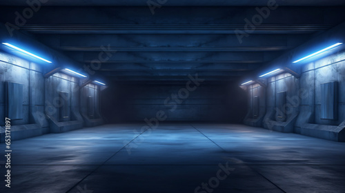 Realistic Garage Underground Blue Light Hallway Tunnel