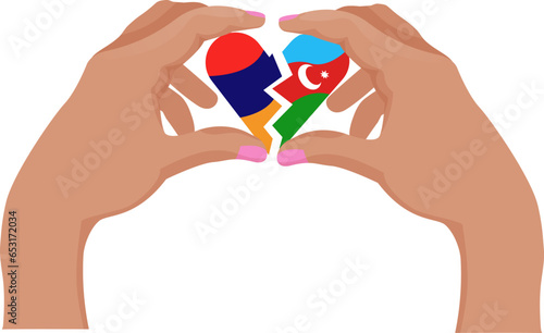A broken heart in colors of Armenian and Azerbaijani flags. Unity concept. Nagorno Karabakh conflict. Vector illustration