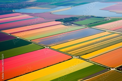 field of flowers, tulips. Landscape from the air in the Netherlands. Rows on the field, drone view