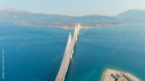 Patras, Greece. The Rio-Antirrio Bridge. Officially the Charilaos Trikoupis Bridge. Bridge over the Gulf of Corinth (Strait of Rion and Andirion), Aerial View photo