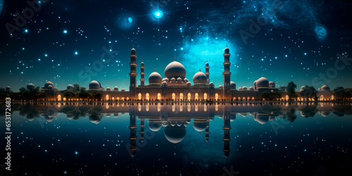 a starry night sky, symbolizing the mystical and divine nature of the journey that took place on Lailat al Miraj. AI generative.