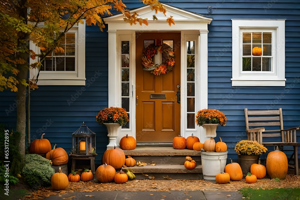 Obraz premium all autumn wreath on brown front door and autumn decor on front door steps