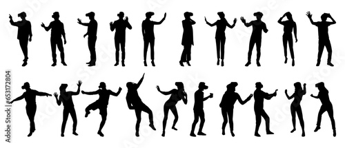 Vector detailed set silhouettes of peoples using virtual reality headset VR isolated on white background. Vector illustration.