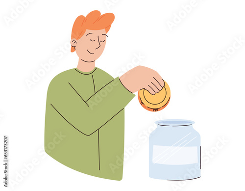 Saving money concept. Cartoon man putting a gold coin into a jar. Vector isolated flat illustration, people dealing with finance.