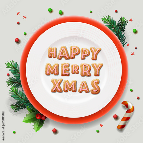 Beautiful Christmas plate table setting with mistletoe, Happy Merry Xmas message from gingerbread cookies, vector illustration