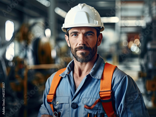Portrait of Successful Builder Worker Contractor Wearing Hard Hat and Safety Vest Standing on a Commercial Building Construction Site, Crosses Arms Confidently. In the Background Crane Machinery