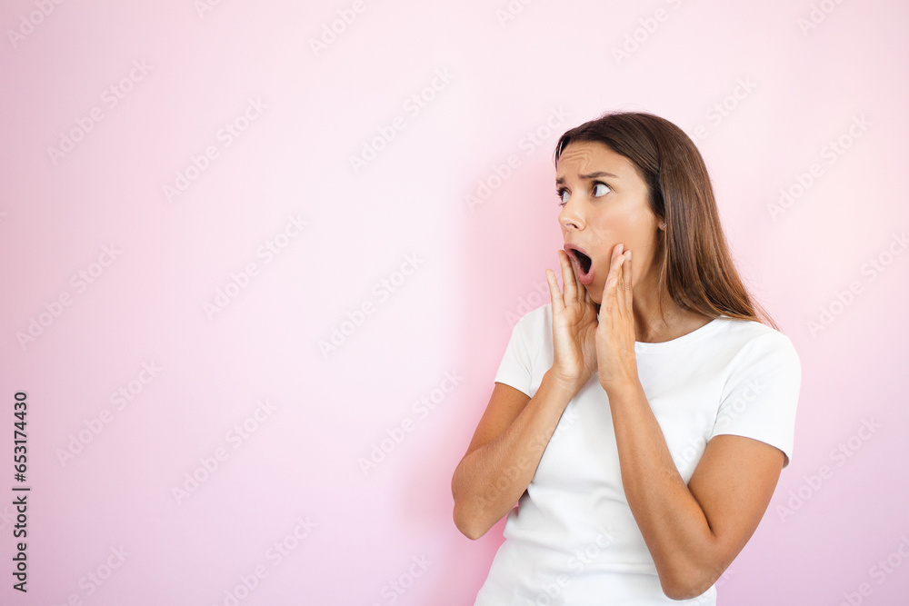 Surprised Woman Looking Up Astonished Shocked Unbelievable Copy Space Surprised Woman Looking Up Astonished Shocked Unbelievable Copy Space