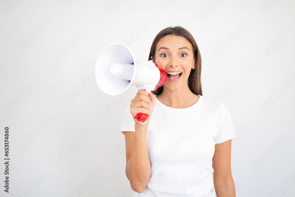 Woman Shouting Through Megaphone Marketing Digital Marketing Concept Woman Shouting Through Megaphone Marketing Digital Marketing Concept
