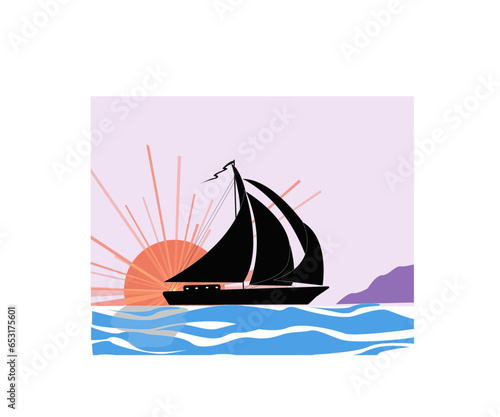 Silhouette d'un voilier aux voiles gonflées par le vent sur fond de lever de soleil